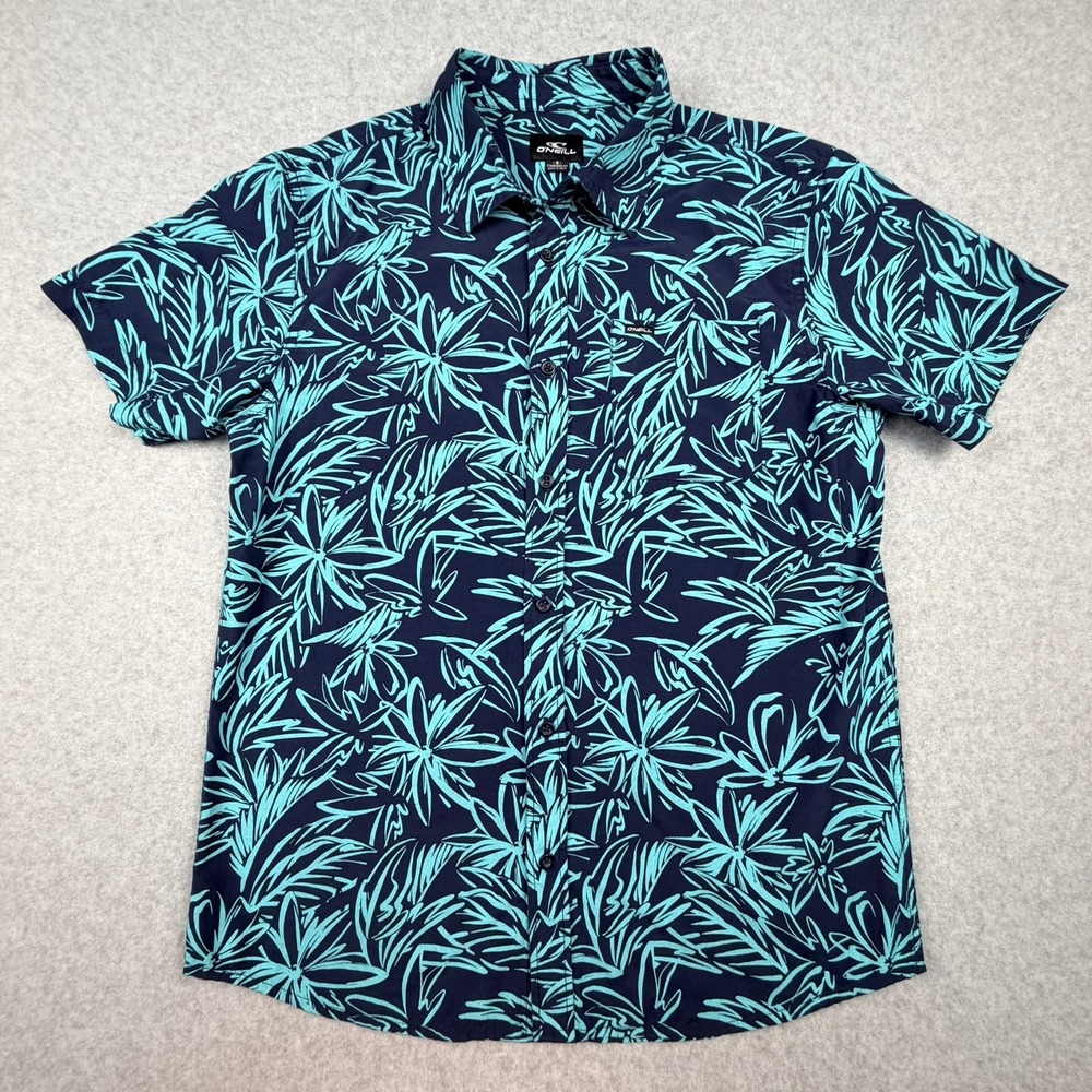 ONeill Mens Short Sleeve Button Down Shirt Navy Teal Floral Small